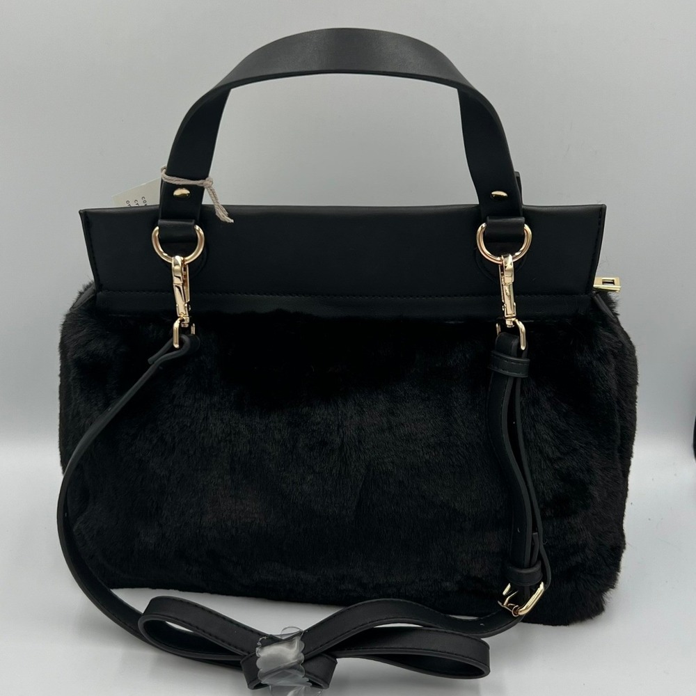 A New Day Faux Fur Satchel Women Medium Black Brand New Convertible Crossbody - Picture 3 of 8
